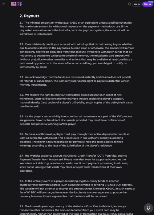 Fast withdrawal payment options Memo Casino